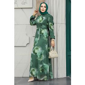 Neva Style 279313HK Desenli Haki Tesettür Elbise