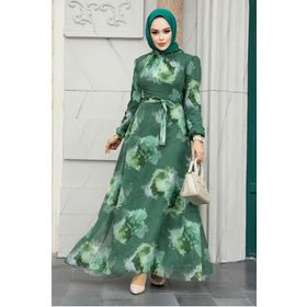 Neva Style 279313HK Desenli Haki Tesettür Elbise