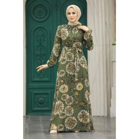 Neva Style 279320HK Çiçek Desenli Haki Tesettür Elbise