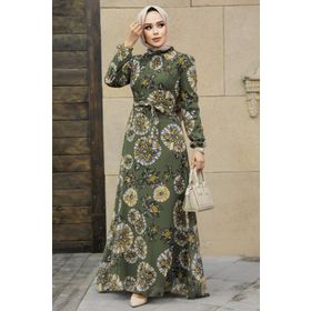 Neva Style 279320HK Çiçek Desenli Haki Tesettür Elbise