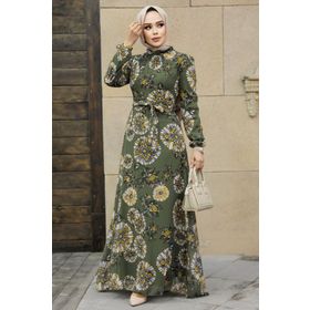Neva Style 279320HK Çiçek Desenli Haki Tesettür Elbise
