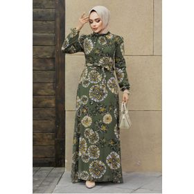 Neva Style 279320HK Çiçek Desenli Haki Tesettür Elbise