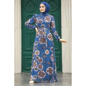 Neva Style 279320IM Çiçek Desenli İndigo Mavisi Tesettür Elbise