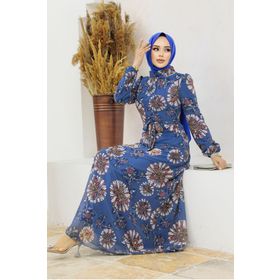 Neva Style 279320IM Çiçek Desenli İndigo Mavisi Tesettür Elbise