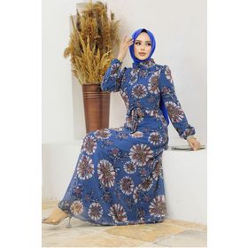 Neva Style 279320IM Çiçek Desenli İndigo Mavisi Tesettür Elbise