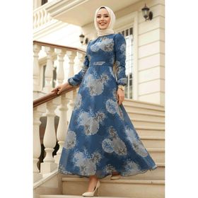 Neva Style 279323IM Çiçek Desenli İndigo Mavisi Tesettür Elbise
