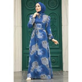 Neva Style 279323IM Çiçek Desenli İndigo Mavisi Tesettür Elbise