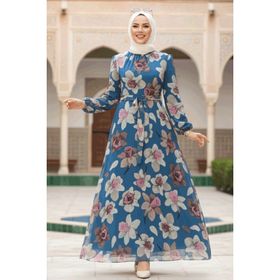 Neva Style 279325IM Çiçek Desenli İndigo Mavisi Tesettür Elbise