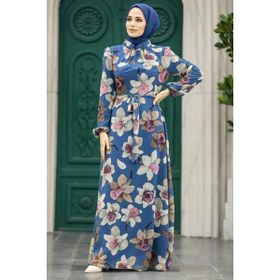 Neva Style 279325IM Çiçek Desenli İndigo Mavisi Tesettür Elbise