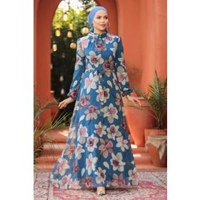 Neva Style 279325IM Çiçek Desenli İndigo Mavisi Tesettür Elbise