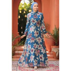 Neva Style 279325IM Çiçek Desenli İndigo Mavisi Tesettür Elbise
