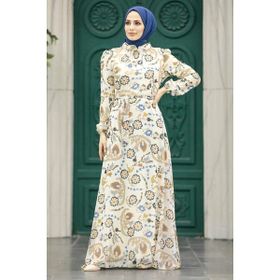 Neva Style 279326E Çiçek Desenli Ekru Tesettür Elbise