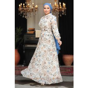 Neva Style 279326E Çiçek Desenli Ekru Tesettür Elbise