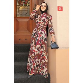 Neva Style 27936KH Çiçek Desenli Kahverengi Tesettür Elbise