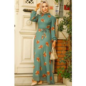 Neva Style 27937CY Çiçek Desenli Çağla Yeşili Tesettür Elbise