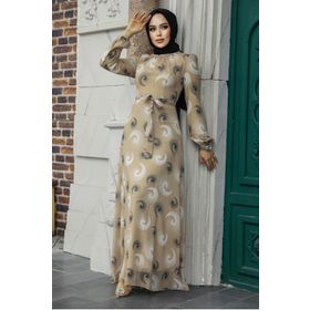 Neva Style 27945BEJ Desenli Bej Tesettür Elbise