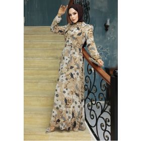 Neva Style 27950BS Çiçek Desenli Bisküvi Rengi Tesettür Elbise