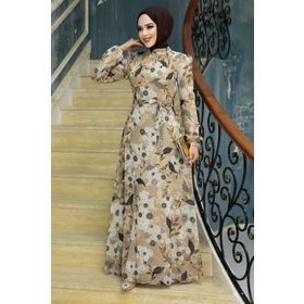 Neva Style 27950BS Çiçek Desenli Bisküvi Rengi Tesettür Elbise
