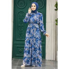 Neva Style 29710IM Çiçek Desenli İndigo Mavisi Tesettür Elbise