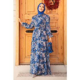 Neva Style 29710IM Çiçek Desenli İndigo Mavisi Tesettür Elbise