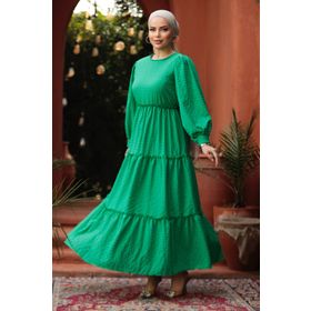 Neva Style 3033Y Kat Piliseli Yeşil Tesettür Elbise