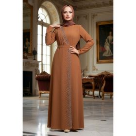 Neva Style 32150TB Boncuk İşlemeli Taba Tesettür Abiye Elbise