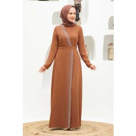 Neva Style 32150TB Boncuk İşlemeli Taba Tesettür Abiye Elbise