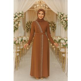 Neva Style 32150TB Boncuk İşlemeli Taba Tesettür Abiye Elbise