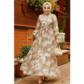 Neva Style 33560BEJ Desenli Bej Tesettür Elbise