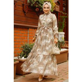 Neva Style 33560BEJ Desenli Bej Tesettür Elbise