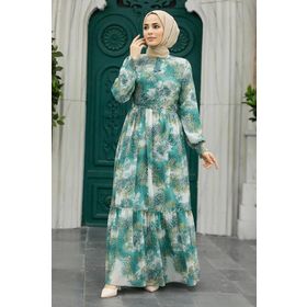 Neva Style 33560CY Çağla Yeşili Desenli Tesettür Elbise