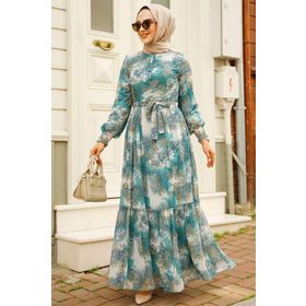 Neva Style 33560CY Çağla Yeşili Desenli Tesettür Elbise