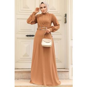 Neva Style 3425BS Tokalı Kemerli Bisküvi Rengi Tesettür Elbise