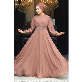 Neva Style 3435KH Dantel Detaylı Kahverengi Tesettür Abiye Elbise