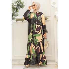 Neva Style 34610Y Yeşil Desenli Tesettür Elbise