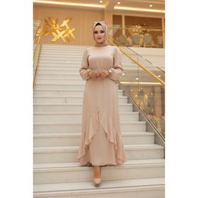 Neva Style 4566BEJ Volanlı Bej Tesettür Abiye Elbise