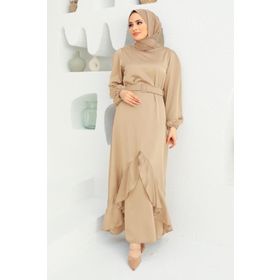 Neva Style 4566BEJ Volanlı Bej Tesettür Abiye Elbise