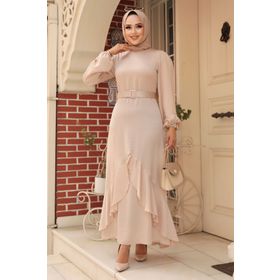 Neva Style 4566BEJ Volanlı Bej Tesettür Abiye Elbise