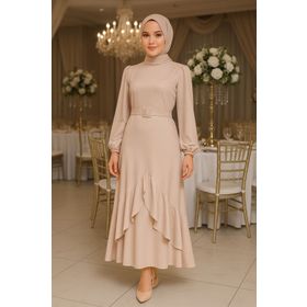 Neva Style 4566BEJ Volanlı Bej Tesettür Abiye Elbise
