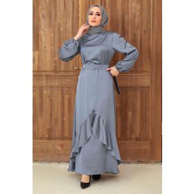 Neva Style 4566GR Volanlı Gri Tesettür Abiye Elbise