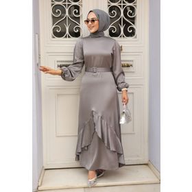 Neva Style 4566GR Volanlı Gri Tesettür Abiye Elbise