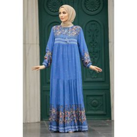 Neva Style 50095IM İndigo Mavisi Desenli Tesettür Elbise