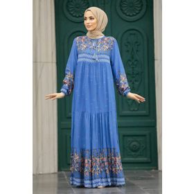 Neva Style 50095IM İndigo Mavisi Desenli Tesettür Elbise
