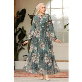 Neva Style 50355CY Çiçek Desenli Çağla Yeşili Tesettür Elbise