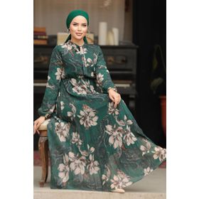 Neva Style 50355ZY Çiçek Desenli Zümrüt Yeşili Tesettür Elbise