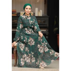 Neva Style 50355ZY Çiçek Desenli Zümrüt Yeşili Tesettür Elbise