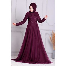 Neva Style 5338MU Pul Payetli Mürdüm Tesettür Abiye Elbise