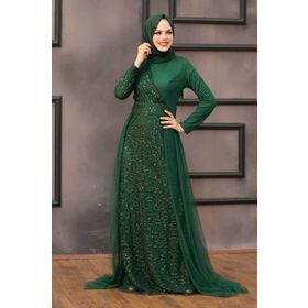 Neva Style 5345Y Pul Payetli Yeşil Tesettür Abiye Elbise