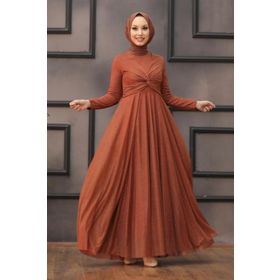 Neva Style 5397KRMT Simli Kiremit Tesettür Abiye Elbise