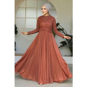 Neva Style 5397KRMT Simli Kiremit Tesettür Abiye Elbise